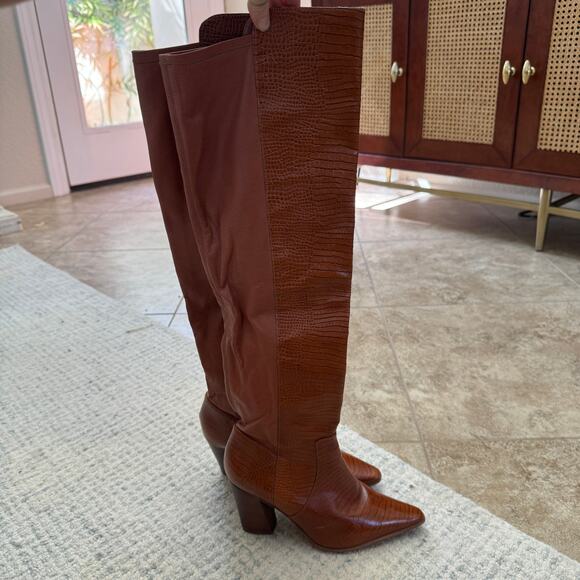 Vince Camuto $230 Demerri Over the Knee Crocodile Brown Leather Boots - Picture 6 of 9
